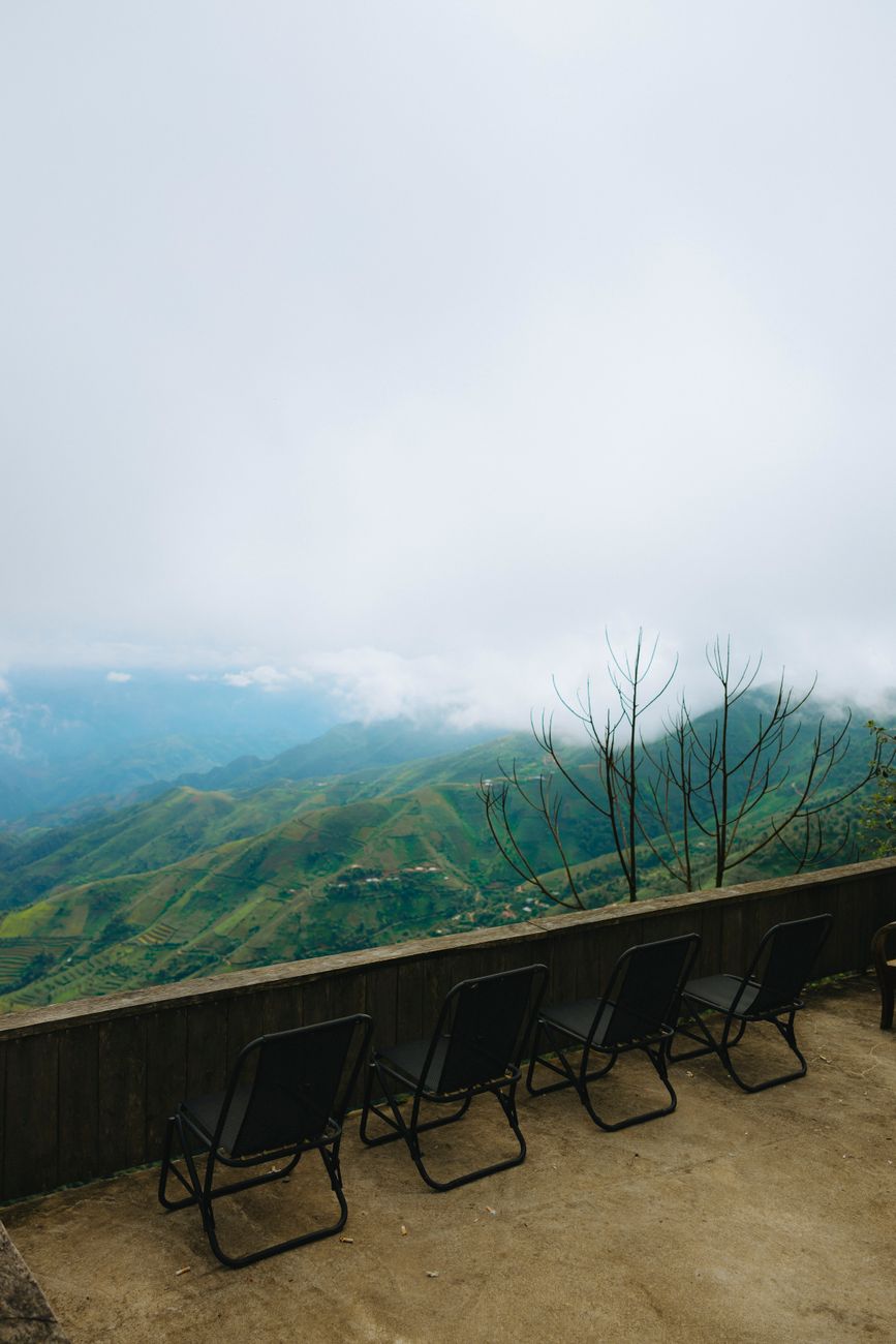 Luxury lodge balcony with mountain backdrop